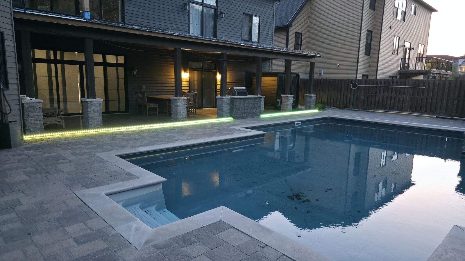 Pool deck with herringbone inlays & LED lighting