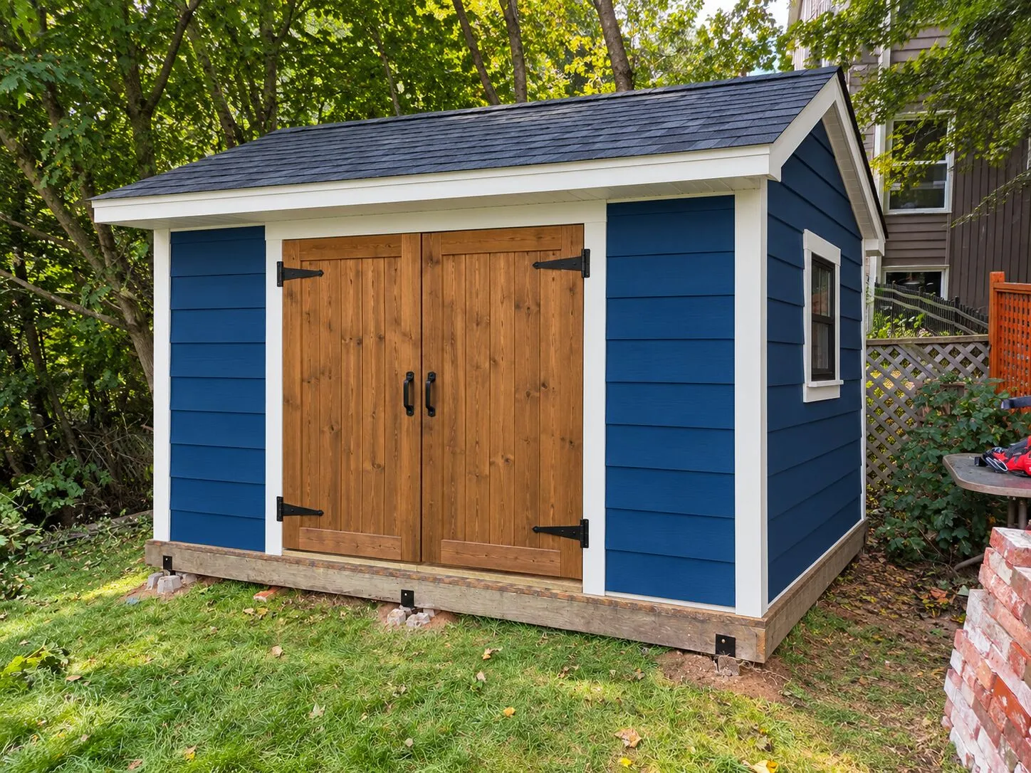 Shed design rendering blue siding cedar doors