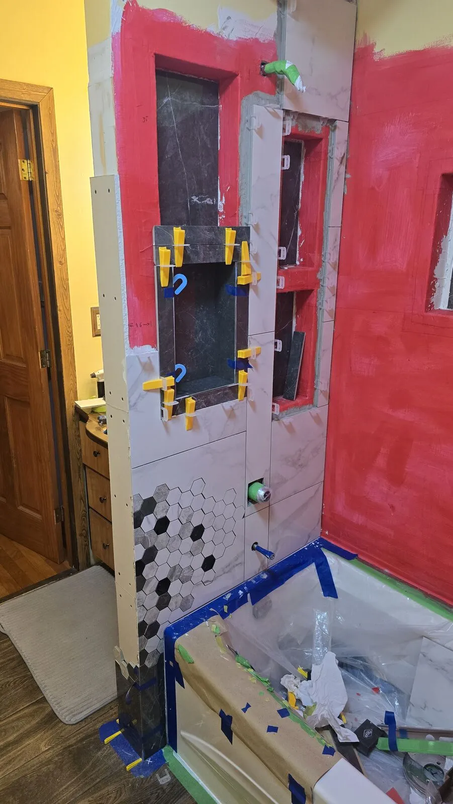 Bathroom remodel: tub surround, niches and hex accent — work in progress (14)